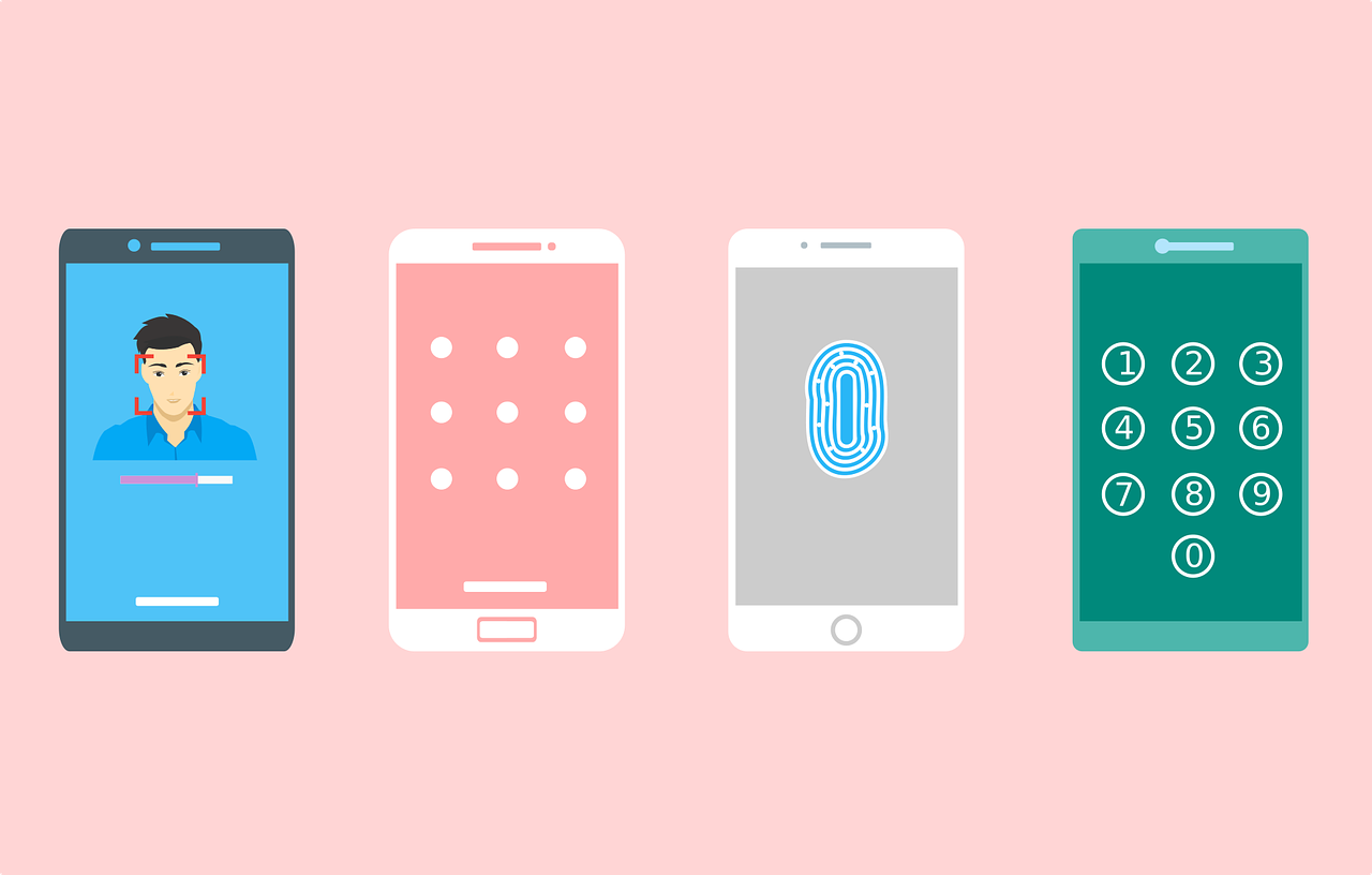 Vector graphic of facial authentication, passcode, fingerprint, and pin access controls on different mobile devices